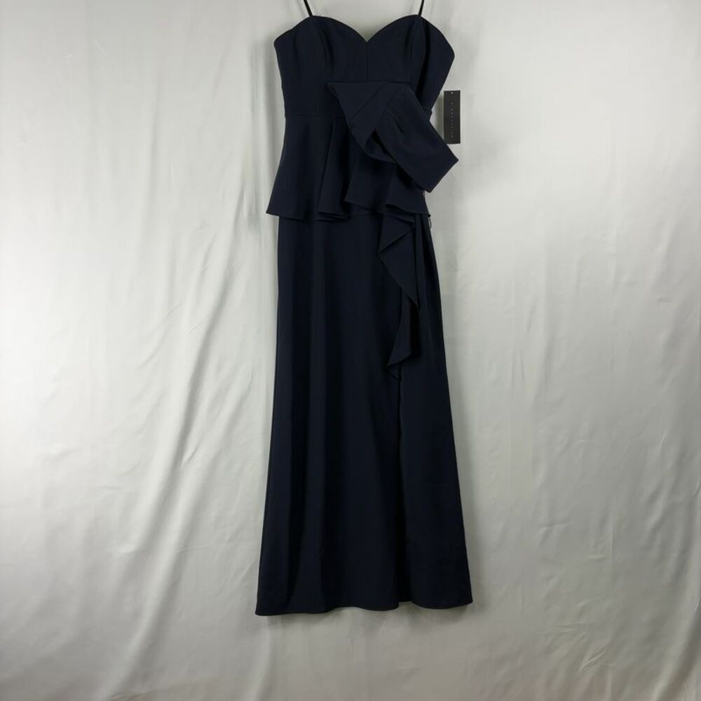 Aidan Mattox Navy Strapless Ruffle Maxi Dress